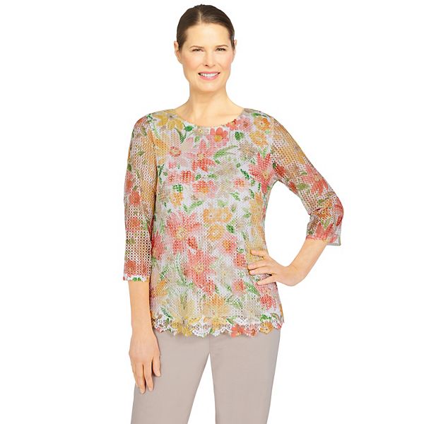 Petite Alfred Dunner Key Largo Mesh Floral Textured Top