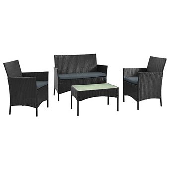 MANHATTAN COMFORT Imperia Rattan Patio Loveseat, Chair & Coffee Table 4 pc Set