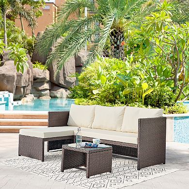 MANHATTAN COMFORT Menton Patio 2-Seater & Lounge Chair with Seat Cushions & Coffee Table Set