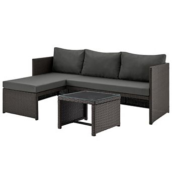 MANHATTAN COMFORT Menton Patio 2-Seater & Lounge Chair with Seat Cushions & Coffee Table Set