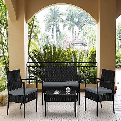 MANHATTAN COMFORT Noli Rattan Patio Loveseat, Chair & Coffee Table 4-piece Set