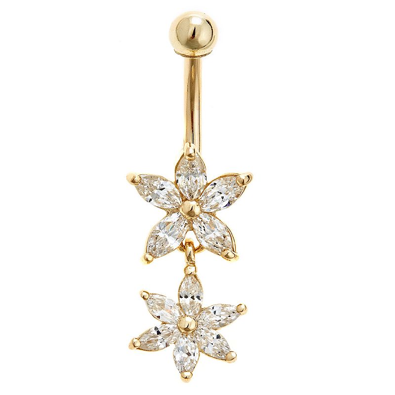 Amella Jewels 14K Gold Solid Double Flower Belly Ring, Womens, Yellow