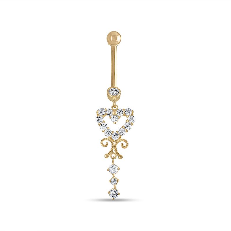 Amella Jewels 14k Gold Cubic Zirconia Dangle Heart Belly Ring, Womens, Yel