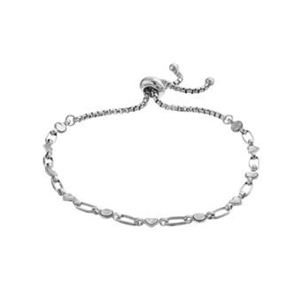 Kristen Kesho Sterling Silver Heart & Round Link Adjustable Bolo Bracelet