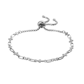 Kristen Kesho Sterling Silver Cross & Oval Link Adjustable Bolo Bracelet