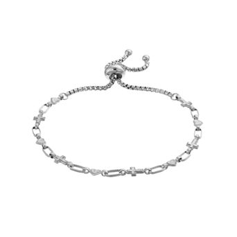 Kristen Kesho Sterling Silver Cross & Heart Link Adjustable Bolo Bracelet
