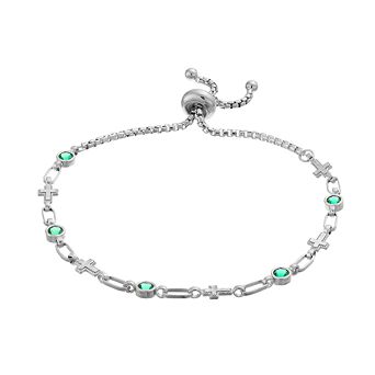 Kristen Kesho Sterling Silver Lab-Created Emerald & Cross Link Adjustable Bolo Bracelet