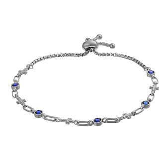 Kristen Kesho Sterling Silver Lab-Created Sapphire & Cross Link Adjustable Bolo Bracelet