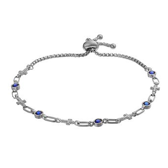 Kristen Kesho Sterling Silver Lab-Created Sapphire & Cross Link Adjustable Bolo Bracelet