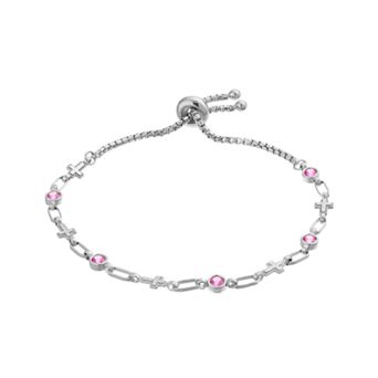 Kristen Kesho Sterling Silver Lab-Created Pink Sapphire & Cross Link Adjustable Bolo Bracelet