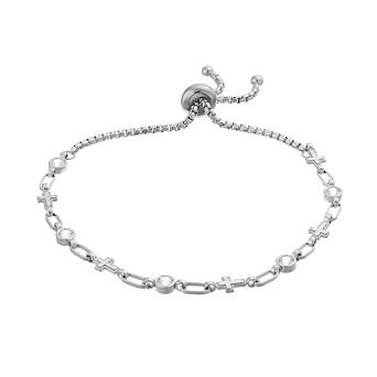 Kristen Kesho Sterling Silver Lab-Created White Sapphire & Cross Link Adjustable Bolo Bracelet