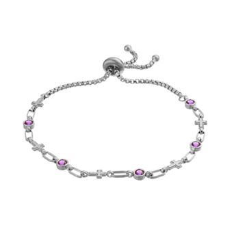Kristen Kesho Sterling Silver Lab-Created Amethyst & Cross Link Adjustable Bolo Bracelet