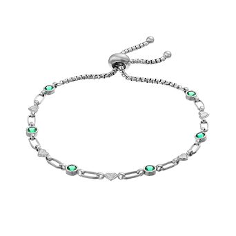 Kristen Kesho Sterling Silver Lab-Created Emerald & Heart Link Adjustable Bolo Bracelet