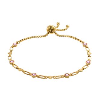 Kristen Kesho Sterling Silver Lab-Created Pink Sapphire & Heart Link Adjustable Bolo Bracelet