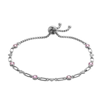 Kristen Kesho Sterling Silver Lab-Created Pink Sapphire & Heart Link Adjustable Bolo Bracelet