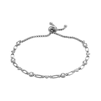 Kristen Kesho Sterling Silver Lab-Created White Sapphire & Heart Link Adjustable Bolo Bracelet