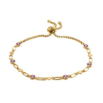 Kristen Kesho Sterling Silver Lab-Created Amethyst & Heart Link Adjustable Bolo Bracelet