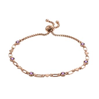 Kristen Kesho Sterling Silver Lab-Created Amethyst & Heart Link Adjustable Bolo Bracelet