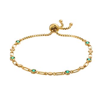 Kristen Kesho Sterling Silver Lab-Created Emerald & Round Link Adjustable Bolo Bracelet