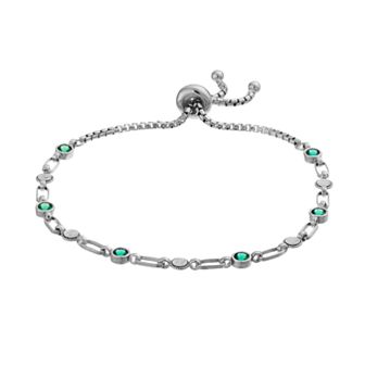 Kristen Kesho Sterling Silver Lab-Created Emerald & Round Link Adjustable Bolo Bracelet