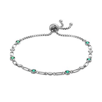 Kristen Kesho Sterling Silver Lab-Created Emerald & Round Link Adjustable Bolo Bracelet