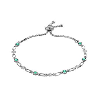 Kristen Kesho Sterling Silver Lab-Created Emerald & Flower Link Adjustable Bolo Bracelet