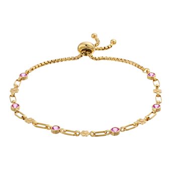 Kristen Kesho Sterling Silver Lab-Created Pink Sapphire & Flower Link Adjustable Bolo Bracelet