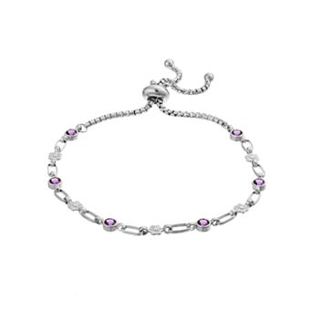 Kristen Kesho Sterling Silver Lab-Created Amethyst & Flower Link Adjustable Bolo Bracelet