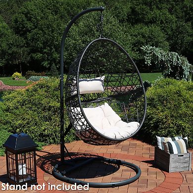 Sunnydaze Black Resin Wicker Hanging Egg Chair with Cushions