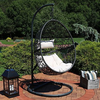 Sunnydaze Resin Wicker Hanging Egg Chair with Steel Stand/Cushions - Beige
