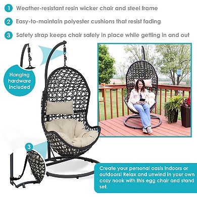 Sunnydaze Resin Wicker Basket Egg Chair with Steel Stand/Cushions