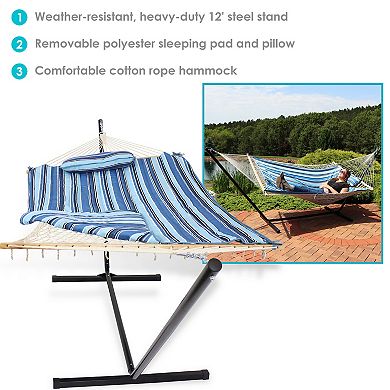 Sunnydaze Large Rope Hammock with Steel Stand and Pad/Pillow - Misty Beach