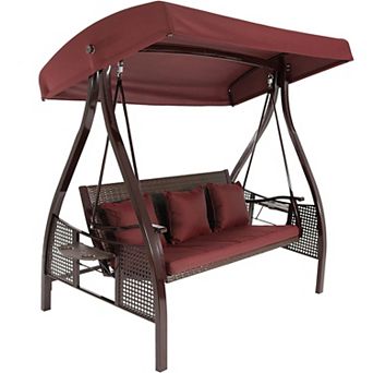 Sunnydaze 3-Person Steel Patio Swing Bench with Side Tables/Canopy