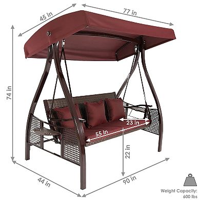Sunnydaze 3-Person Steel Patio Swing Bench with Side Tables/Canopy - Maroon