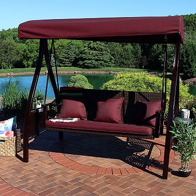Sunnydaze 3-Person Steel Patio Swing Bench with Side Tables/Canopy - Maroon