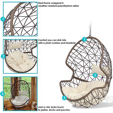 Sunnydaze Brown Resin Wicker Basket Hanging Egg Chair with Cushions