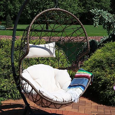 Sunnydaze Brown Resin Wicker Basket Hanging Egg Chair with Cushions