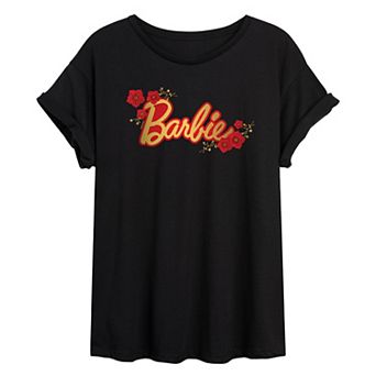 Juniors' Barbie Floral Logo Oversized Tee