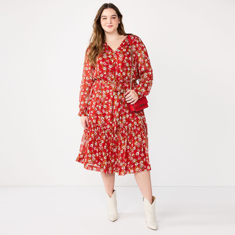 Long Sleeve Tiered Midi Shirt Dress - Plus