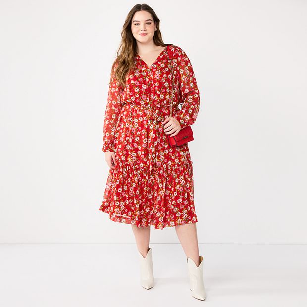 knee length dresses for ladies Long Sleeve Gauze Tiered Midi Dress
