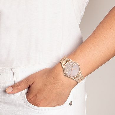 Nine West Women's Stainless Steel Mesh Bracelet Watch with Flower Dial