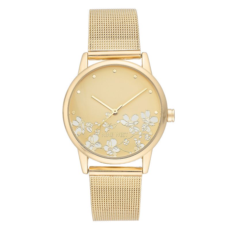 Nine West Women's Stainless Steel Mesh Bracelet Watch with Flower Dial, Size: Medium, Gold Tone