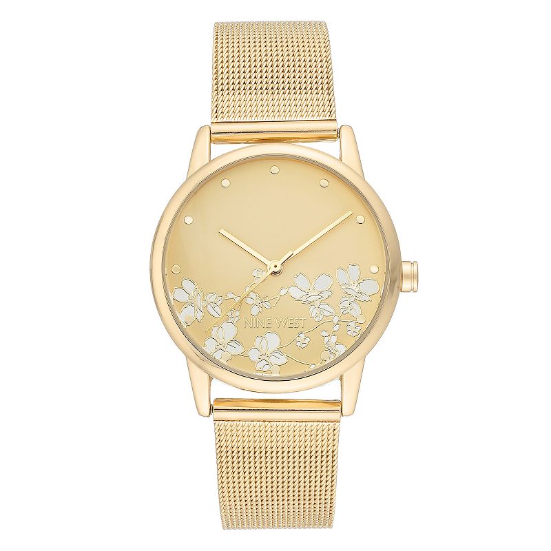 Nine West Womens Stainless Steel Mesh Bracelet Watch with Flower Dial, Siz