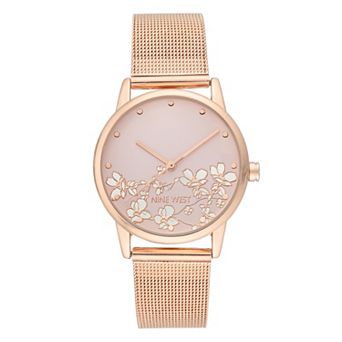 Nine West Women's Stainless Steel Mesh Bracelet Watch with Flower Dial