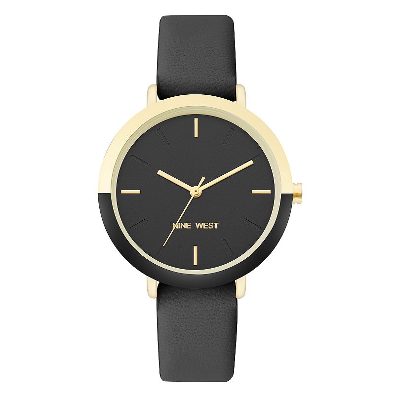 Nine West Women's Tan Faux Leather Strap Watch with Two Tone Case, Size: Medium, Black