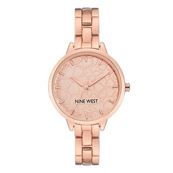 Nine West Women's Rose Gold Tone Bracelet Watch with Etched Flower Dial