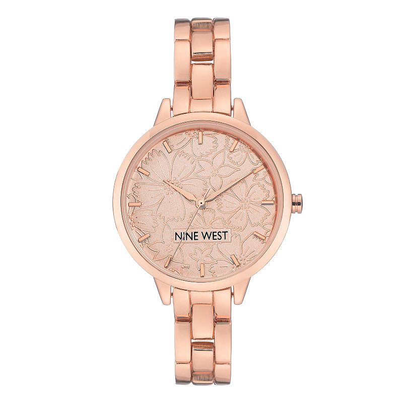Nine West Women's Rose Gold Tone Bracelet Watch with Etched Flower Dial, Size: Medium, Rosegold