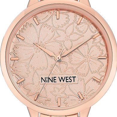 Nine West Women's Rose Gold Tone Bracelet Watch with Etched Flower Dial