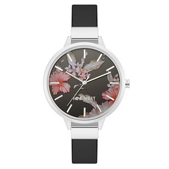 Nine West Women's Black Strap Watch with Flower Dial - 46205