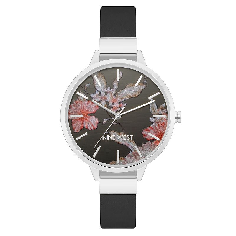 Nine West Women's Black Strap Watch with Flower Dial, Size: Medium